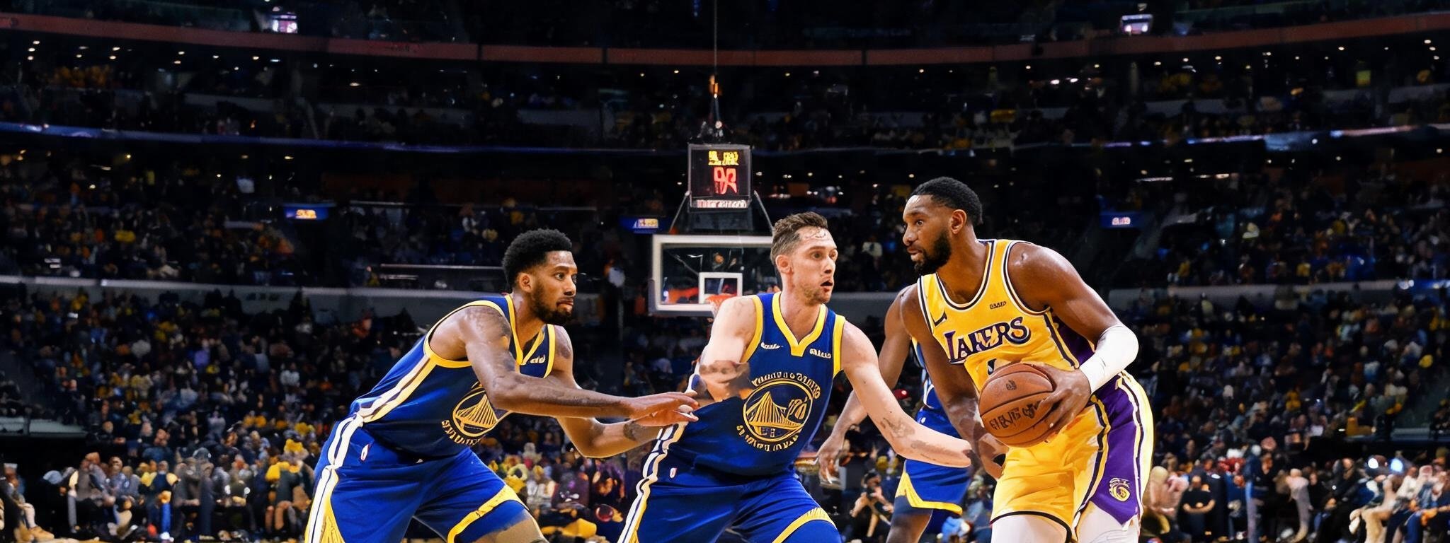 NBA赛场中央湖人队与勇士队激烈对抗，记分牌显示实时比分108-102